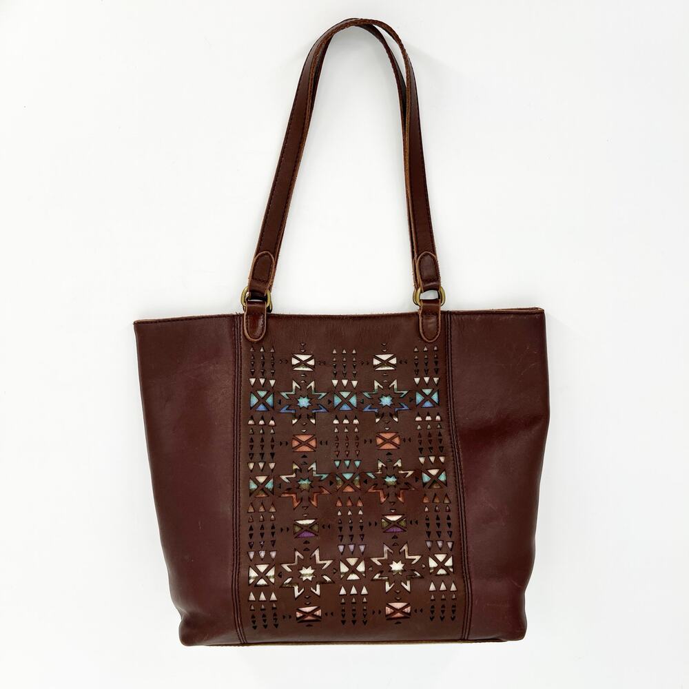 Pendleton Open Top Tote Bag Chocolate Brown Leather Laser Cut Wool Blanket Panel - Picture 3 of 13